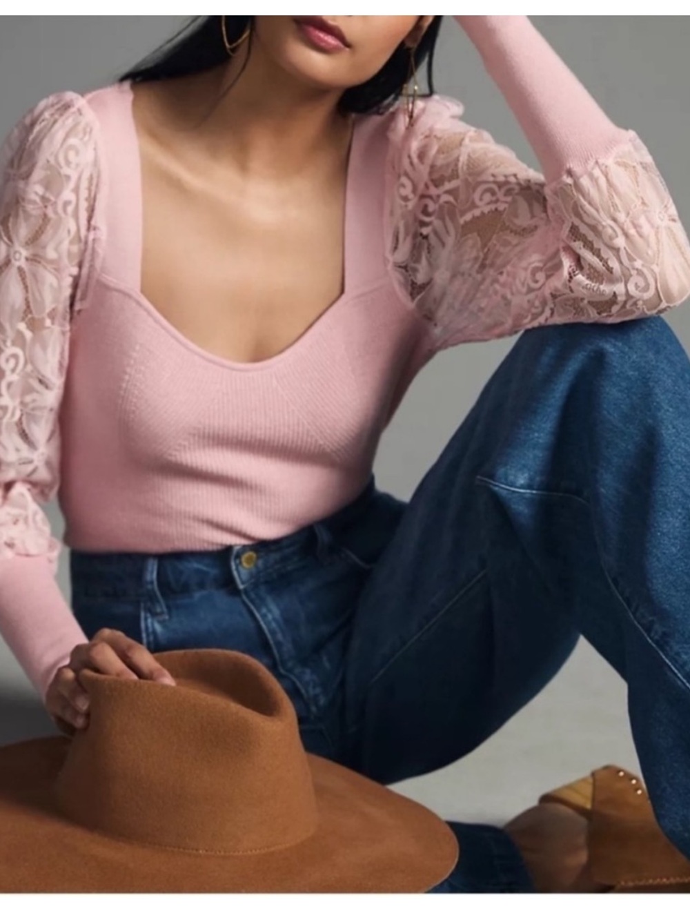 ANTHROPOLOGIE Pink Ribbed Square Neck Lace Sleeve Sweater